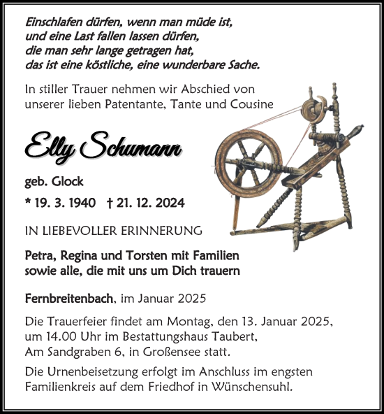 Traueranzeige von Elly Schumann von Thüringer Allgemeine, Thüringische Landeszeitung