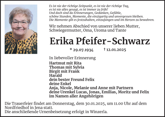 Traueranzeige von Erika Pfeifer-Schwarz von Ostthüringer Zeitung, Thüringische Landeszeitung