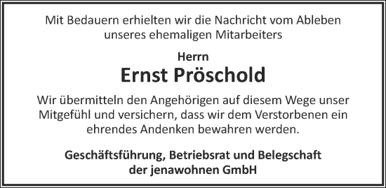 Traueranzeige von Ernst Pröschold von Ostthüringer Zeitung, Thüringische Landeszeitung
