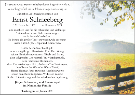 Traueranzeige von Ernst Schneeberg von Thüringer Allgemeine