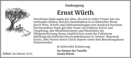 Traueranzeige von Ernst Würth von Thüringer Allgemeine, Thüringische Landeszeitung