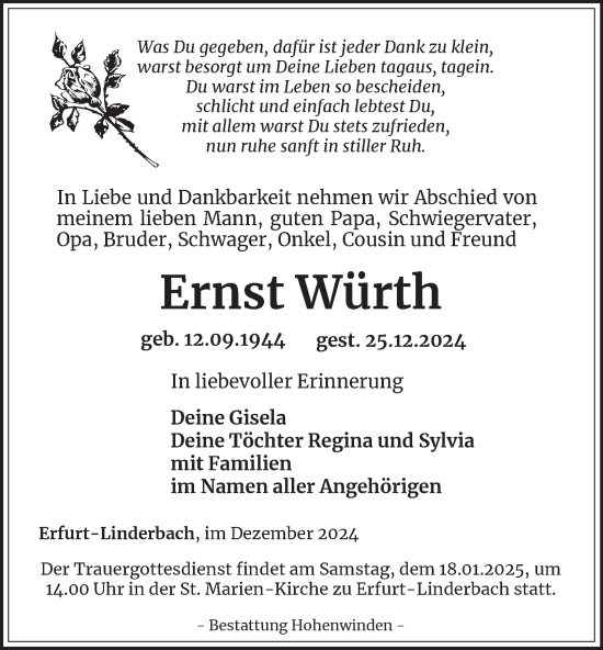 Traueranzeige von Ernst Würth von Thüringer Allgemeine, Thüringische Landeszeitung