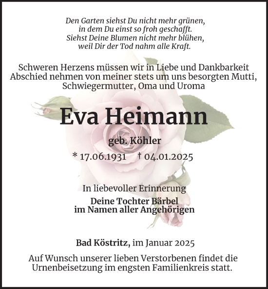 Traueranzeige von Eva Heimann