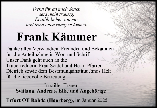 Traueranzeige von Frank Kämmer von Thüringer Allgemeine, Thüringische Landeszeitung