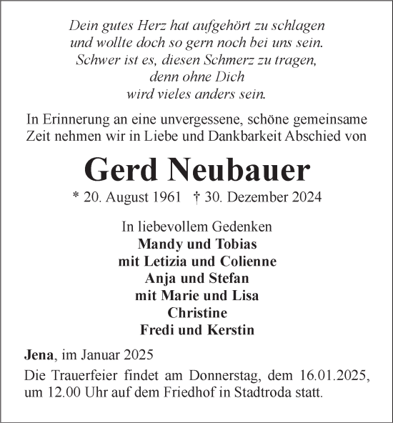Traueranzeige von Gerd Neubauer von Ostthüringer Zeitung