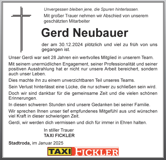 Traueranzeige von Gerd Neubauer von Ostthüringer Zeitung