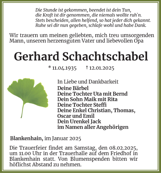 Traueranzeige von Gerhard Schachtschabel von Thüringer Allgemeine, Thüringische Landeszeitung