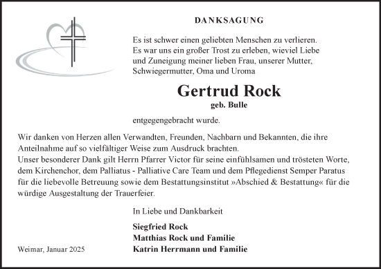 Traueranzeige von Gertrud Rock von Thüringer Allgemeine, Thüringische Landeszeitung
