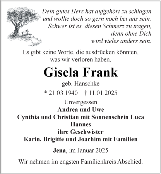 Traueranzeige von Gisela Frank von Thüringer Allgemeine, Thüringische Landeszeitung