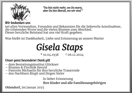 Traueranzeige von Gisela Staps von Ostthüringer Zeitung
