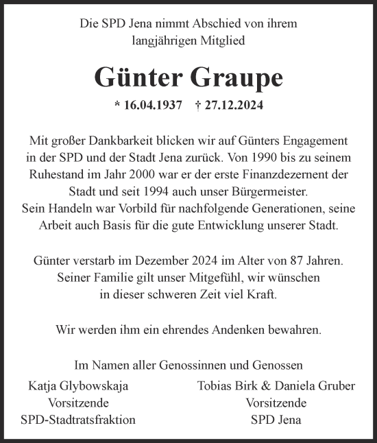 Traueranzeige von Günter Graupe von Ostthüringer Zeitung, Thüringische Landeszeitung