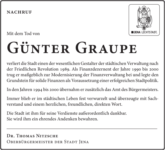 Traueranzeige von Günter Graupe von Ostthüringer Zeitung, Thüringische Landeszeitung