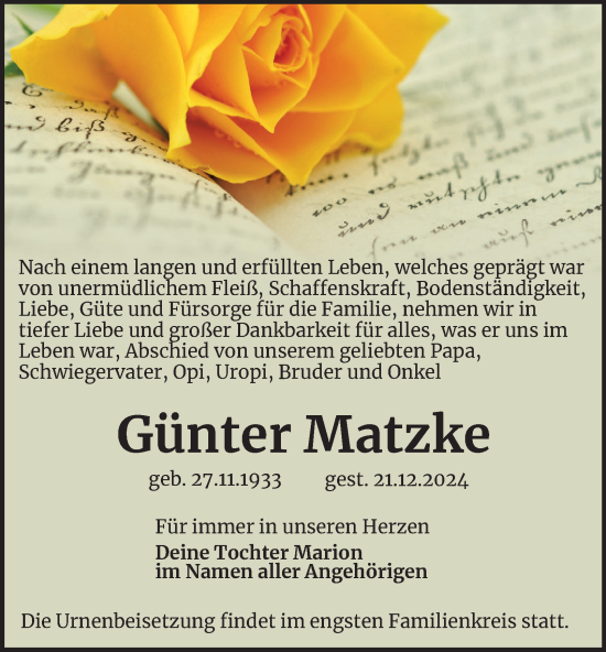 Traueranzeige von Günter Matzke