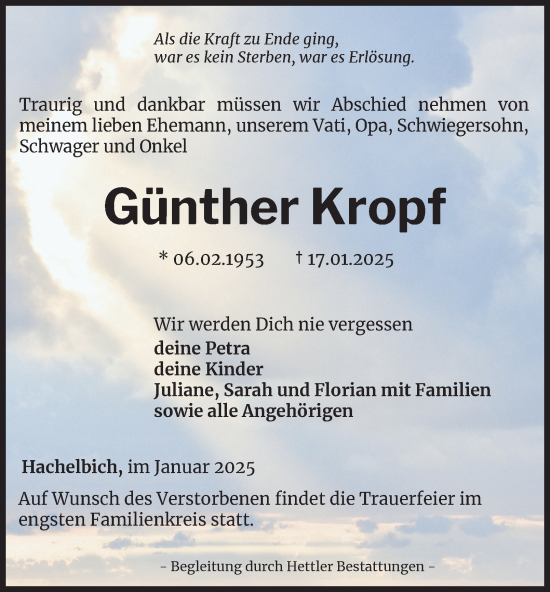 Traueranzeige von Günther Kropf von Thüringer Allgemeine