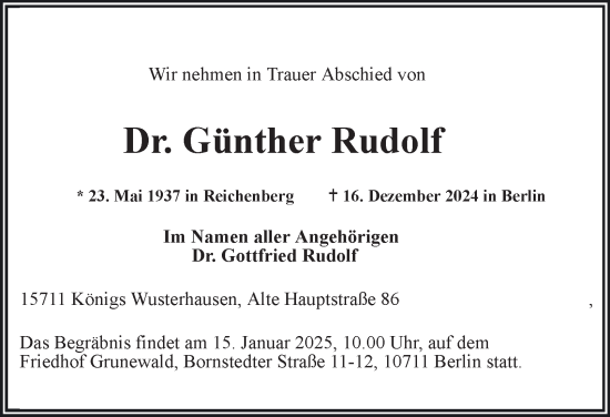 Traueranzeige von Günther Rudolf von Ostthüringer Zeitung