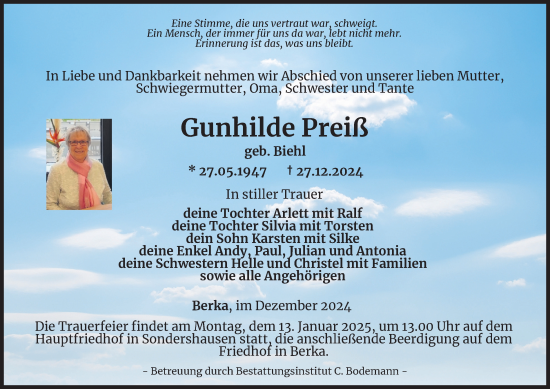Traueranzeige von Gunhilde Preiß von Thüringer Allgemeine
