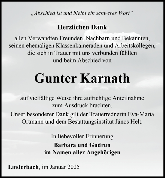 Traueranzeige von Gunter Karnath von Thüringer Allgemeine, Thüringische Landeszeitung