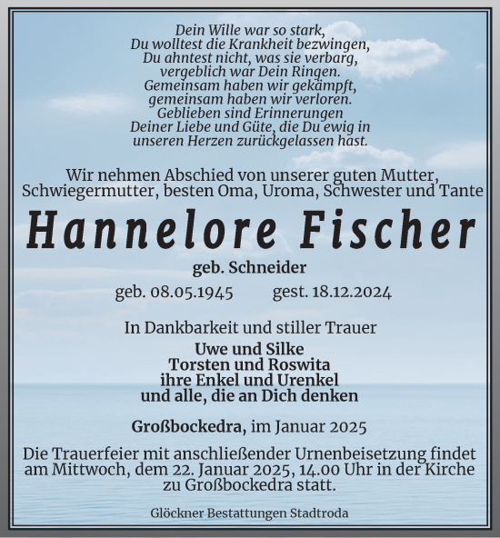 Traueranzeige von Hannelore Fischer von Ostthüringer Zeitung