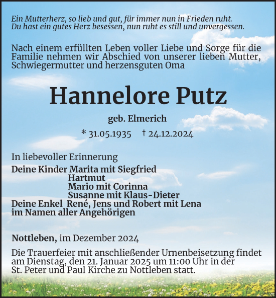 Traueranzeige von Hannelore Putz von Thüringer Allgemeine, Thüringische Landeszeitung