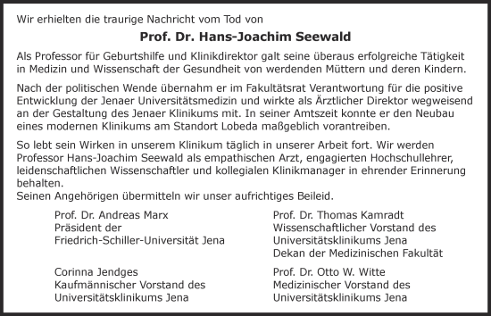 Traueranzeige von Hans-Joachim Seewald von Ostthüringer Zeitung, Thüringische Landeszeitung