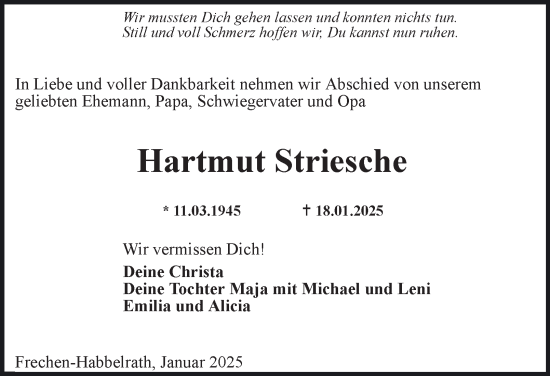 Traueranzeige von Hartmut Striesche von Thüringer Allgemeine