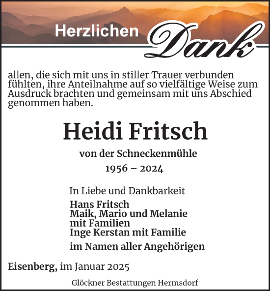 Traueranzeige von Heidi Fritsch von Ostthüringer Zeitung