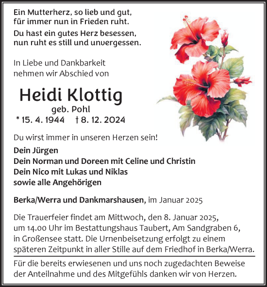 Traueranzeige von Heidi Klottig von Thüringer Allgemeine, Thüringische Landeszeitung
