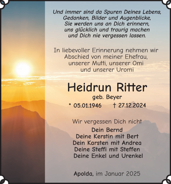 Traueranzeige von Heidrun Ritter von Thüringer Allgemeine, Thüringische Landeszeitung