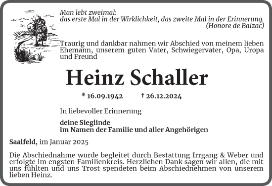 Traueranzeige von Heinz Schaller von Ostthüringer Zeitung