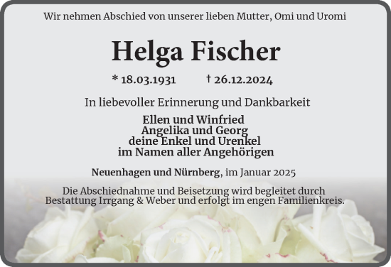 Traueranzeige von Helga Fischer von Ostthüringer Zeitung