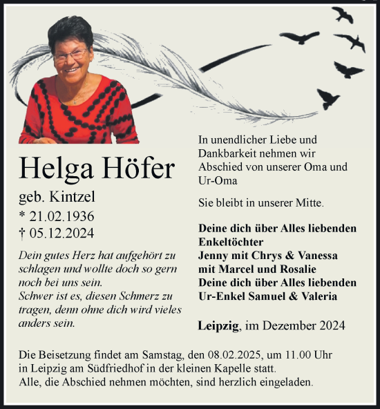 Traueranzeige von Helga Höfer von Thüringer Allgemeine