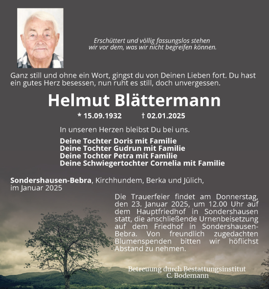 Traueranzeige von Helmut Blättermann