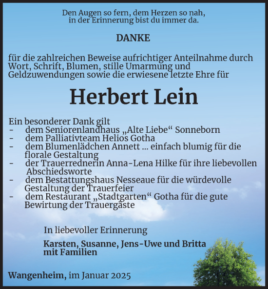 Traueranzeige von Herbert Lein von Thüringer Allgemeine, Thüringische Landeszeitung