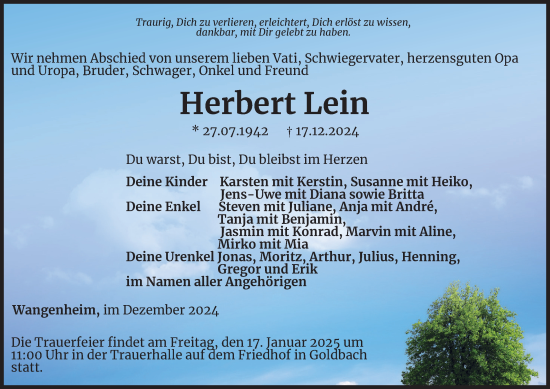 Traueranzeige von Herbert Lein von Thüringer Allgemeine, Thüringische Landeszeitung