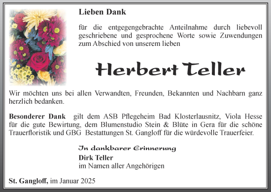 Traueranzeige von Herbert Teller von Ostthüringer Zeitung