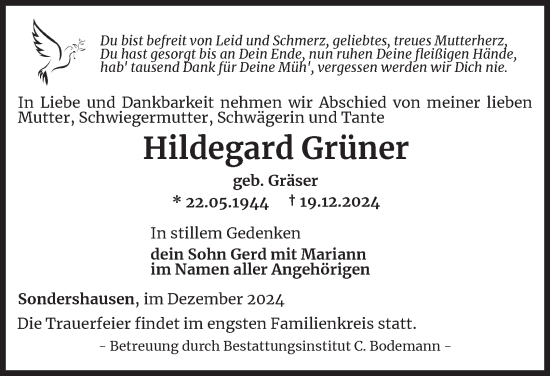 Traueranzeige von Hildegard Grüner