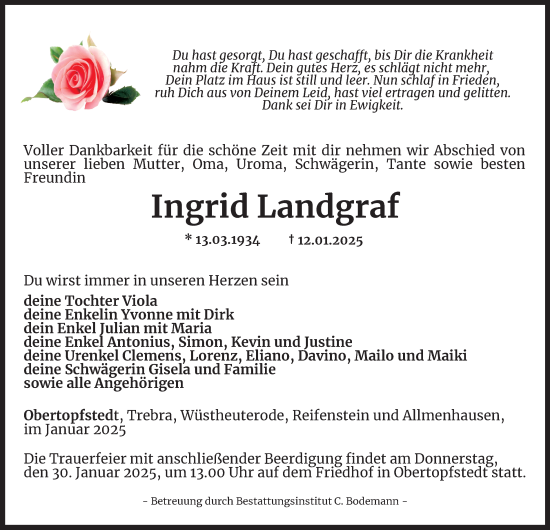 Traueranzeige von Ingrid Landgraf