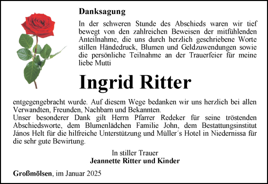 Traueranzeige von Ingrid Ritter von Thüringer Allgemeine, Thüringische Landeszeitung
