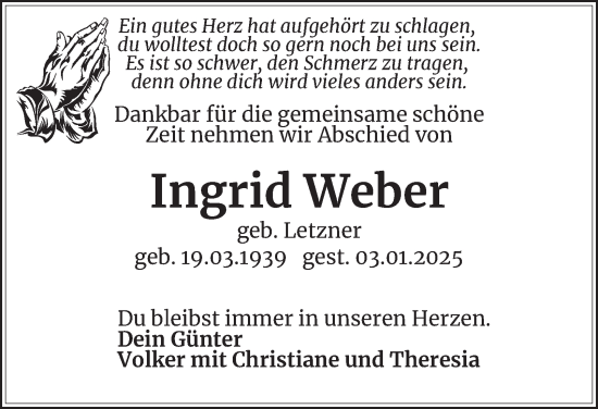Traueranzeige von Ingrid Weber