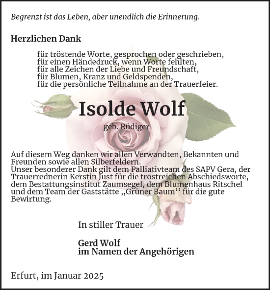 Traueranzeige von Isolde Wolf von Ostthüringer Zeitung
