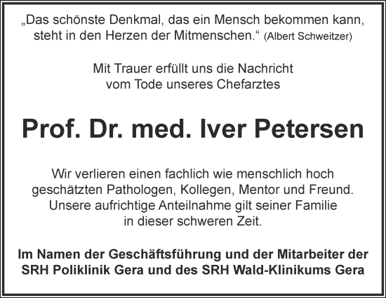 Traueranzeige von Iver Petersen von Ostthüringer Zeitung