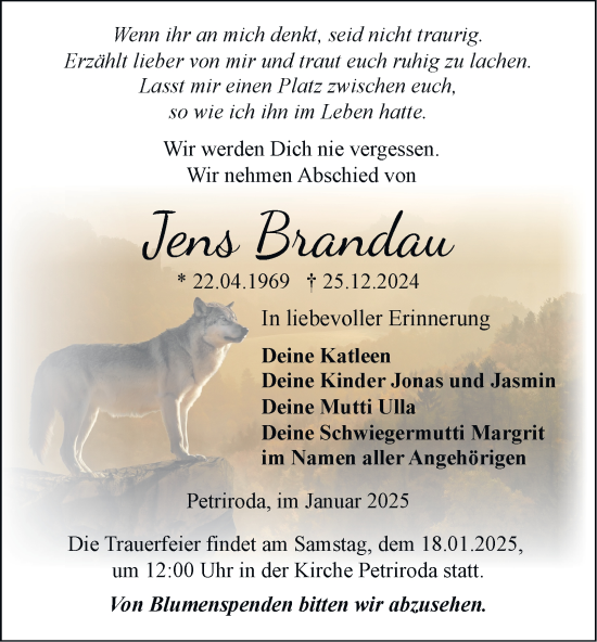 Traueranzeige von Jens Brandau von Thüringer Allgemeine, Thüringische Landeszeitung