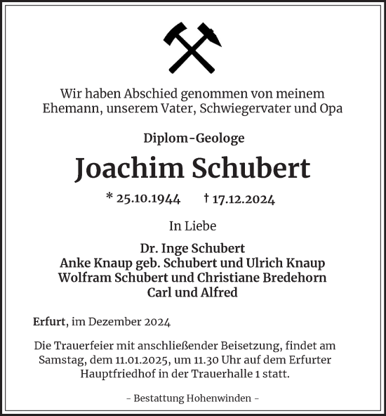 Traueranzeige von Joachim Schubert von Thüringer Allgemeine, Thüringische Landeszeitung