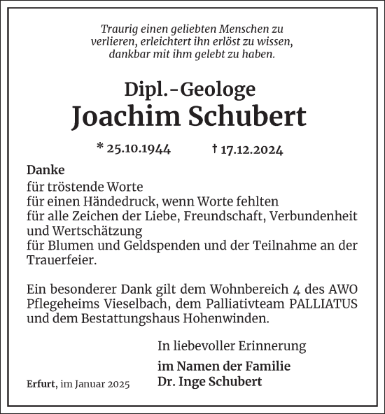 Traueranzeige von Joachim Schubert von Thüringer Allgemeine, Thüringische Landeszeitung