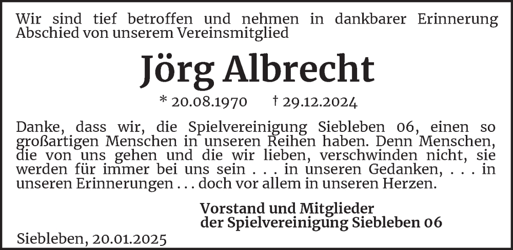  Traueranzeige für Jörg Albrecht vom 20.01.2025 aus Thüringer Allgemeine, Thüringische Landeszeitung