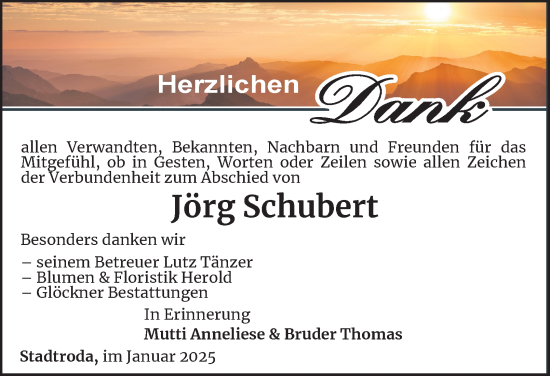 Traueranzeige von Jörg Schubert von Ostthüringer Zeitung
