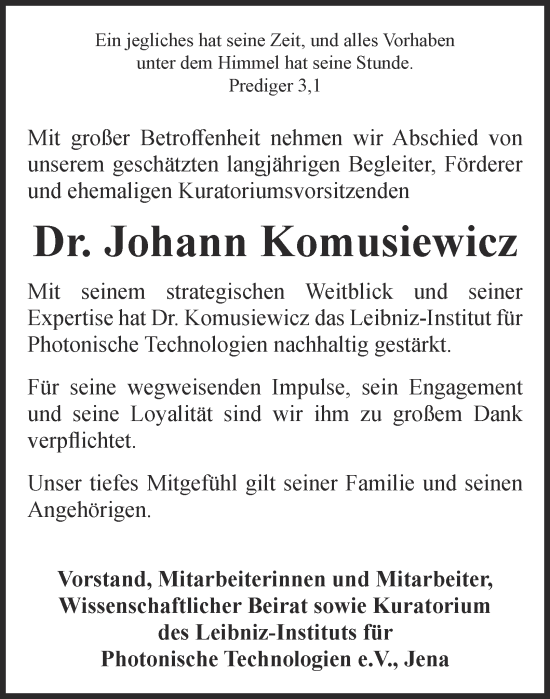 Traueranzeige von Johann Komusiewicz von Ostthüringer Zeitung, Thüringische Landeszeitung