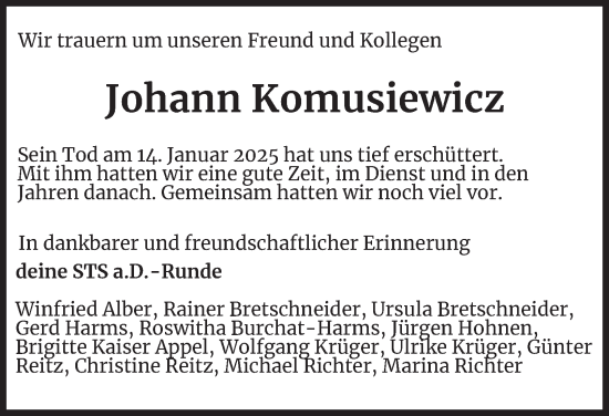 Traueranzeige von Johann Komusiewicz von Ostthüringer Zeitung, Thüringische Landeszeitung