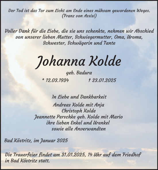 Traueranzeige von Johanna Kolde