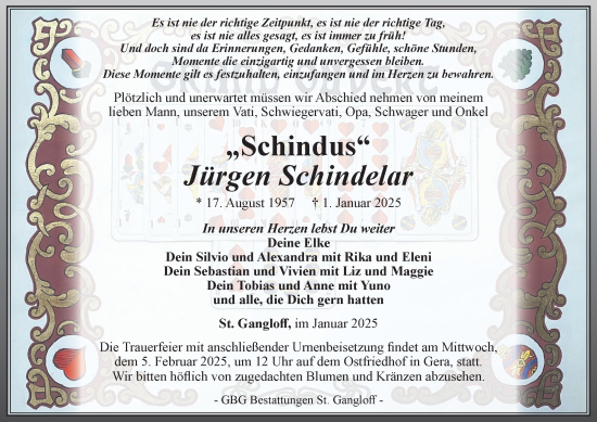 Traueranzeige von Jürgen Schindelar von Ostthüringer Zeitung